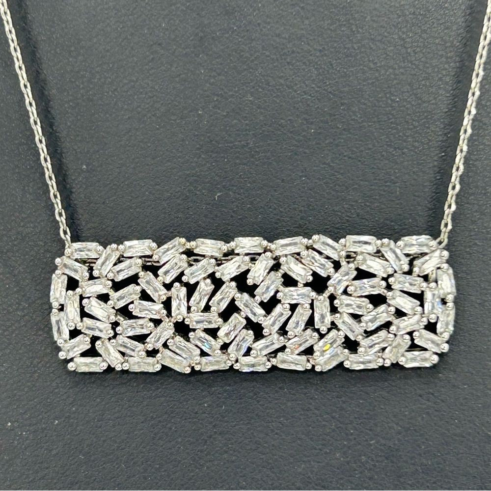 Silver Baguette Cluster Bar Pendant Necklace | CZ Sparkle | Elegant Minimalist - Picture 7 of 10